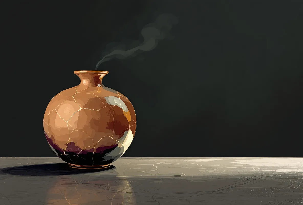 Ceramic vessel and soft gold linework evoking research administration routes