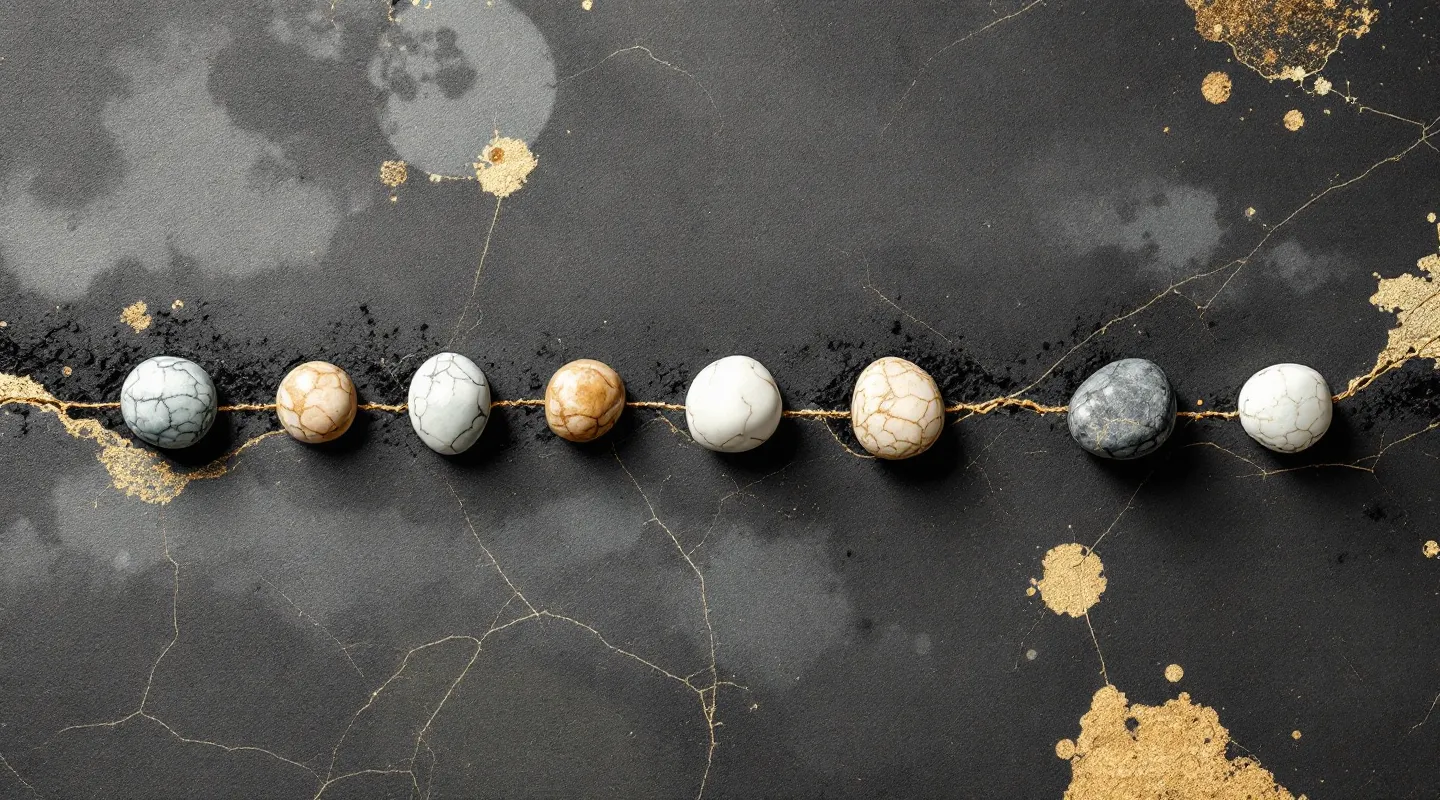 Abstract ceramic illustration of a seven-amino-acid peptide chain joined by gold kintsugi seams