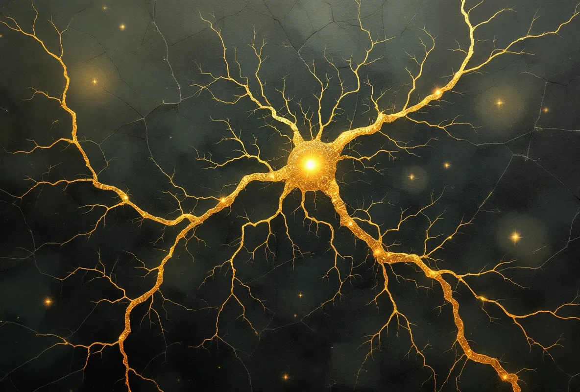 Neuron dendrites illustrated as gold kintsugi veins through a cracked ceramic glaze