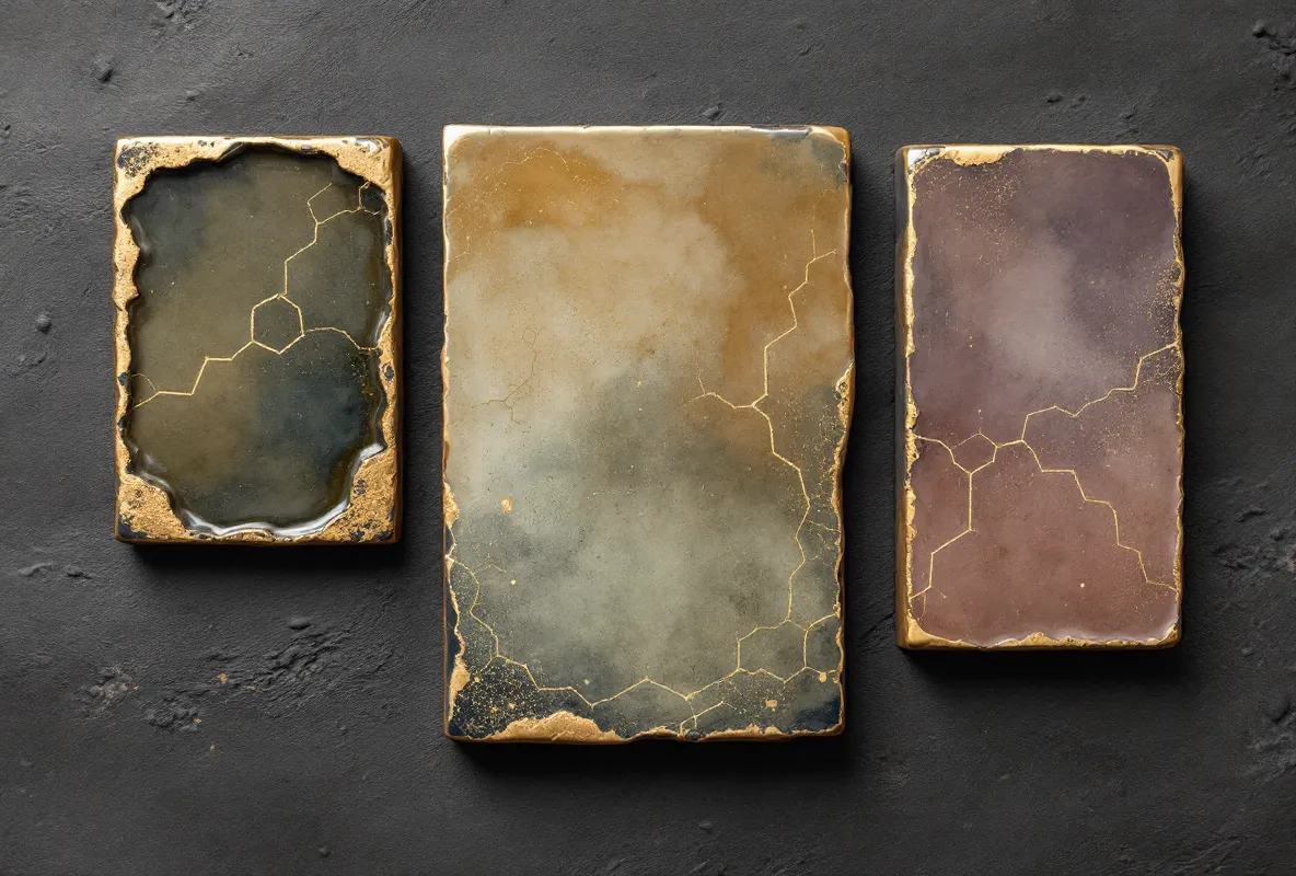 Three ceramic tiles with subtly different gold peptide-chain inlays representing molecular analogs